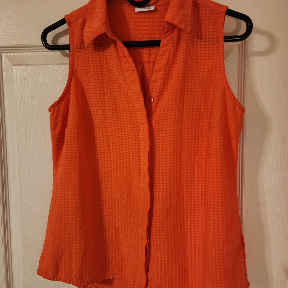 Kim Rogers Vibrant Orange Sleeveless Button-Down Shirt
